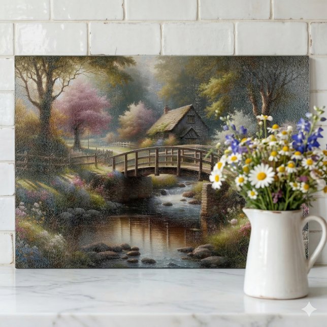 Cottagecore-Frühlingsbrücke Cottage-Szene Schneidebrett (Cottagecore Spring Bridge Cottage Scene Cutting Board Against Brick Wall)