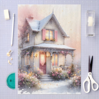 Cottagecore-Frühlingsheim im Blütenflor in Aquarel Seidenpapier