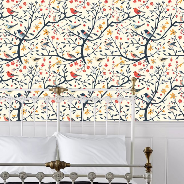 Cottagecore Frühlingsvögel Tapete (Cottagecore Spring Birds Wallpaper behind a white metal framed bed.)