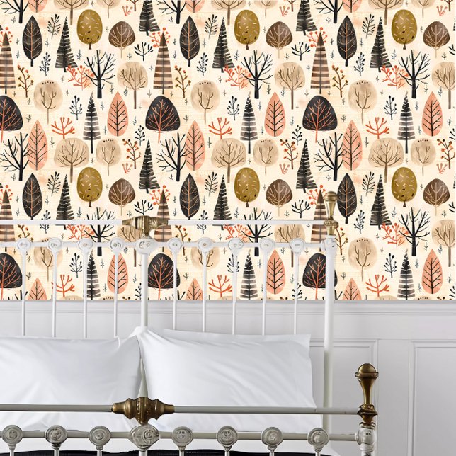 Cottagecore Funky Bäume Tapete (Cottagecore Funky Trees Wallpaper behind a white metal framed bed.)