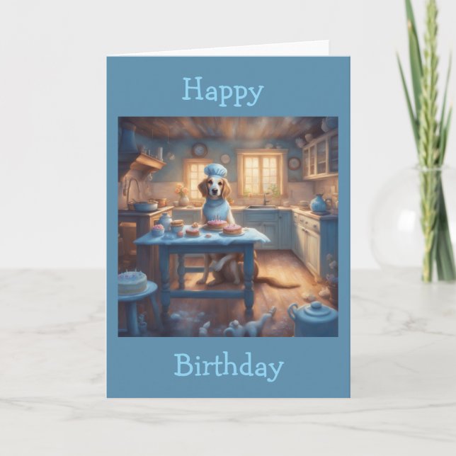 Cottagecore-Hund backt in der Küche zum Geburtstag Karte (Vorderseite)