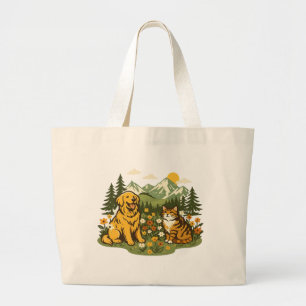 Cottagecore Hund und Katze beste Freunde Wildblume Jumbo Stoffbeutel