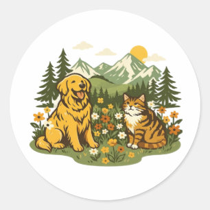 Cottagecore Hund und Katze beste Freunde Wildblume Runder Aufkleber