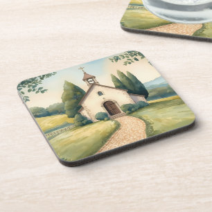 Cottagecore-Kapellenweg-Pastell-Landschaft Getränkeuntersetzer