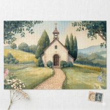 Cottagecore-Kapellenweg-Pastell-Landschaft