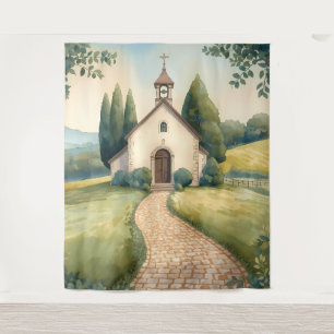 Cottagecore-Kapellenweg-Pastell-Landschaft Wandteppich