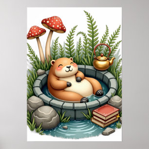 Cottagecore-Kapybara-Heißquellen-Pilz-Lesen N Poster