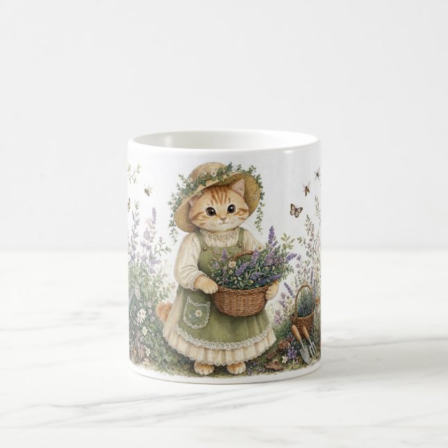 Cottagecore-Kätzchen-Lavendel-Gartenkunst Kaffeetasse (Mittel)