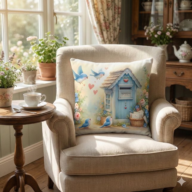 Cottagecore Liebesbriefe Blaue Postbox Kissen (Cottagecore Love Letters Bluebird Mailbox Throw Pillow Mockup A)