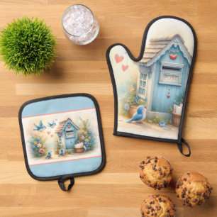 Cottagecore Liebesbriefe Blaue Postbox Ofenhandschuh & Topflappen-Set