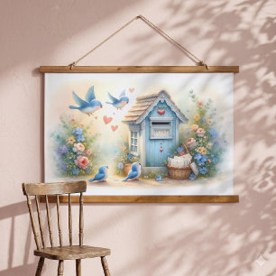 Cottagecore Liebesbriefe Blaue Postbox Wandteppich Mit Holzrahmen