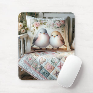 Cottagecore-Liebesvogel-Blumen-Quilt-Szene Mousepad