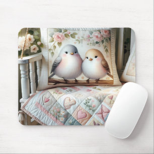 Cottagecore-Liebesvogel-Blumen-Quilt-Szene Mousepad