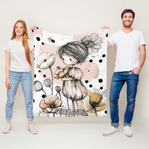 Cottagecore-Mädchen in einem Gänseblümchenkleid un Fleecedecke
