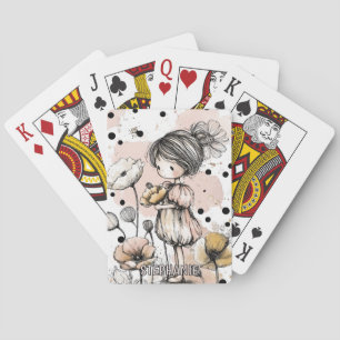Cottagecore-Mädchen in einem Gänseblümchenkleid un Spielkarten