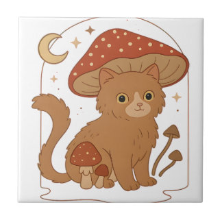 Cottagecore Mushroom Cat with Hat – Cute Vintage G Fliese