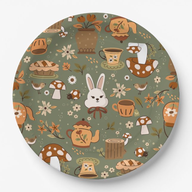 cottagecore Osterhase Kaninchen grün Pappteller (Vorderseite)