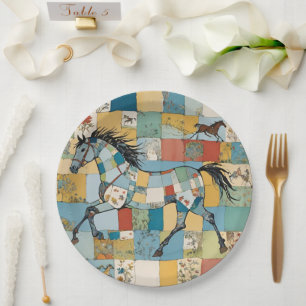 Cottagecore-Patchwork-Pferd Blumenfarbenblock Pappteller