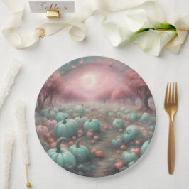 Cottagecore personalisiertes Rosa & Mint-Kürbisfel Pappteller