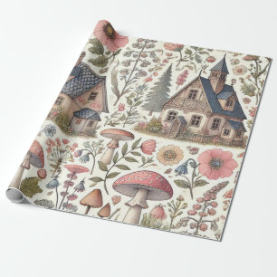 Cottagecore-Pilz- und Blumenmuster Geschenkpapier