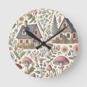 Cottagecore-Pilz- und Blumenmuster Runde Wanduhr