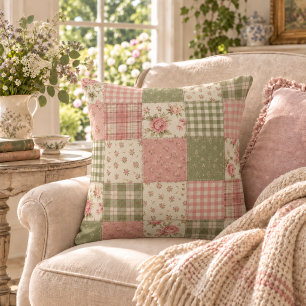 Cottagecore-Rosa-Grün-Gingham-Patchwork Kissen