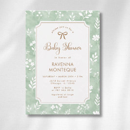 Cottagecore-Sage-Weiß-Blumen-Gold-Schleife-Baby-Pa Einladung
