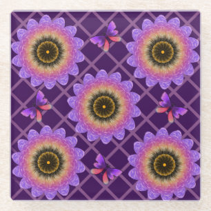 Cottagecore-Schmetterling- und Blumenrastermuster Glasuntersetzer