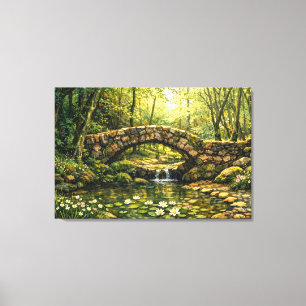 Cottagecore-Steinbrücke und Bach-Kunst Leinwanddruck