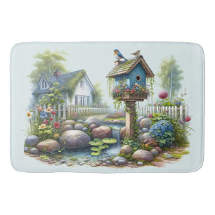 Cottagecore-Vogelhaus-Garten-Aquarell Badematte