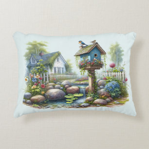 Cottagecore-Vogelhaus-Garten-Aquarell Dekokissen