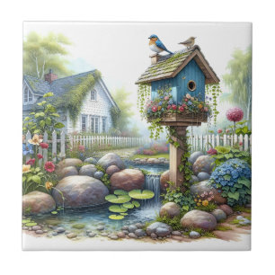 Cottagecore-Vogelhaus-Garten-Aquarell Fliese