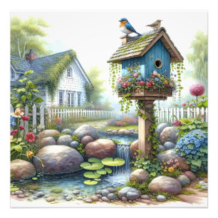 Cottagecore-Vogelhaus-Garten-Aquarell Fotodruck