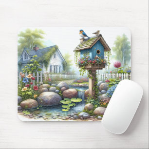 Cottagecore-Vogelhaus-Garten-Aquarell Mousepad