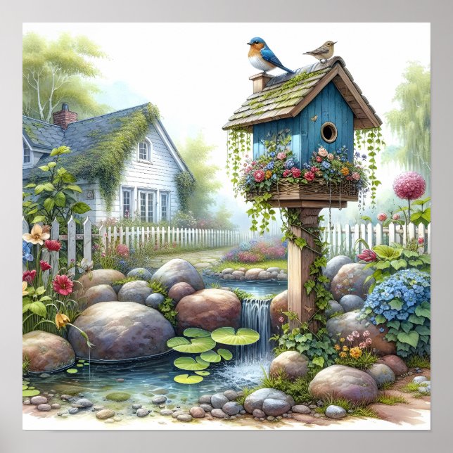 Cottagecore-Vogelhaus-Garten-Aquarell Poster (Vorne)