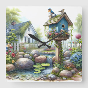 Cottagecore-Vogelhaus-Garten-Aquarell Quadratische Wanduhr