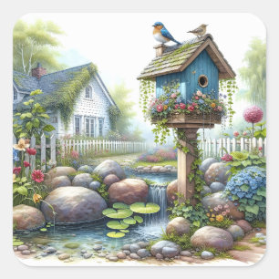 Cottagecore-Vogelhaus-Garten-Aquarell Quadratischer Aufkleber