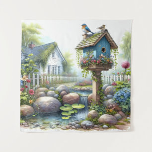 Cottagecore-Vogelhaus-Garten-Aquarell Wandteppich