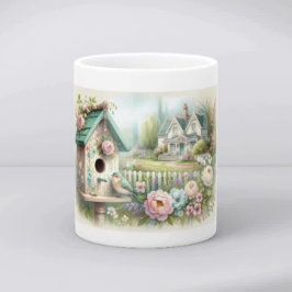 Cottagecore-Vogelhaus mit Blumengarten Tasse
