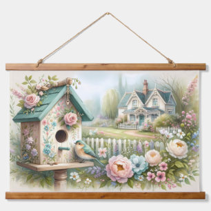 Cottagecore-Vogelhaus mit Blumengarten Wandteppich Mit Holzrahmen