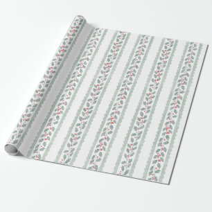 Cottagecore-Wasserfarbe-Stechpalmen-Streifen-Weihn Geschenkpapier
