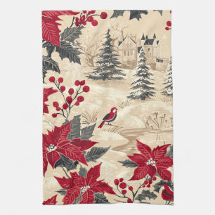 Cottagecore-Weihnachtsmanor Rote Poinsettie Creme Geschirrtuch