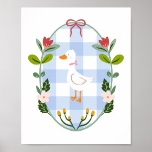 Cottagecore Weiße Enten Illustration - Blau karier Poster