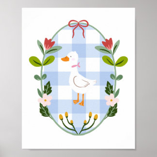 Cottagecore Weiße Enten Illustration - Blau karier Poster