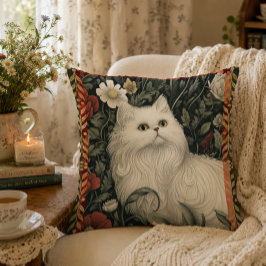 Cottagecore Weiße Katze im Stil von William Morris Kissen