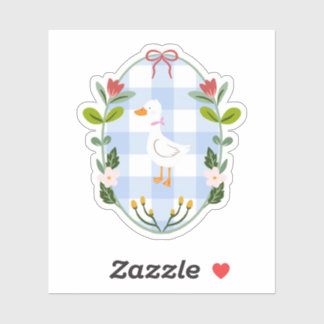 Cottagecore White Duck Illustration - Blue Gingham Aufkleber