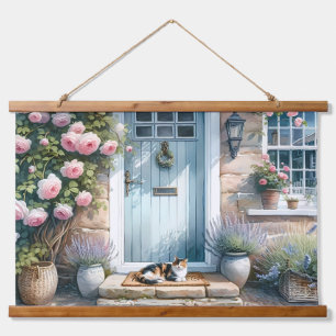 Cottages florales Porzellan mit Calico Cat Wandteppich Mit Holzrahmen