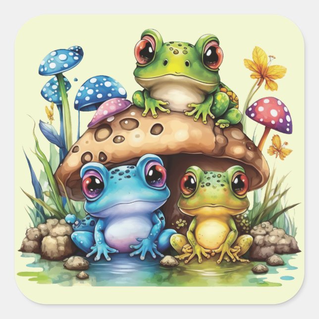 Cottages Toadstool Pilz und Frosch Quadratischer Aufkleber (Vorderseite)