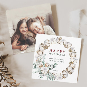 Cotton Blume Wreath Happy Holidays Fotokarte Feiertagskarte