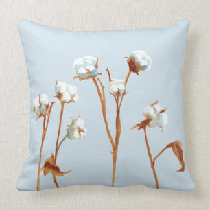 Cotton Boll Pflanze Aquarellpulver Blau Kissen